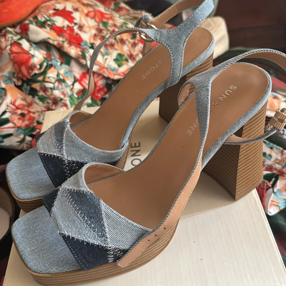 Sun + Stone Denim Patchwork Platform Sandals in Light Blue & Dark Blue